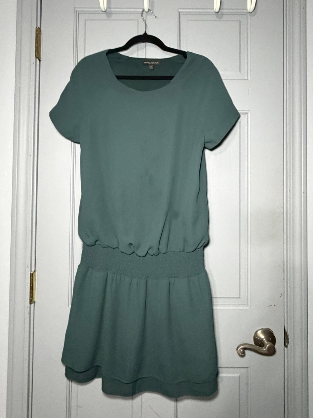 Banana Republic Teal Short-Sleeve Smocked-Waist Mini Dress